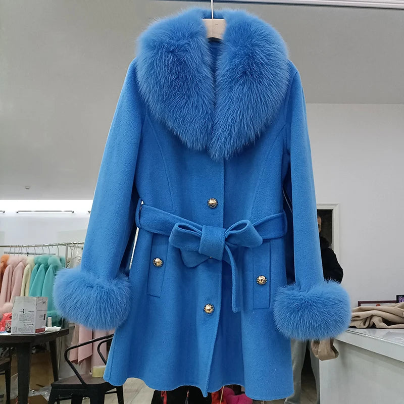 2023 Winter Real Fox Fur Coat Women Wool Jacket With Natural Fox Fur Collar Slim Female Woolen Cashmere Outwear