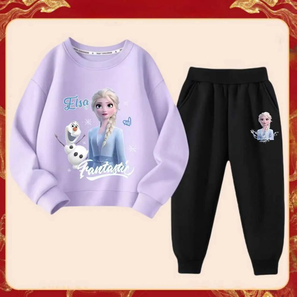 Disney Frozen Elsa Princess Girl's Fashion Cartoon Printed Tracksuits Spring Kid's Long Sleeve Sports Two-piece Suit Sweatshirt
