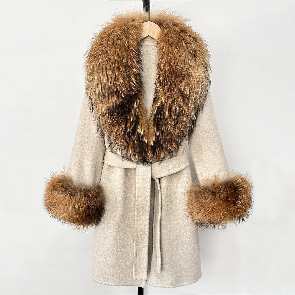 Elegant Woolen Jacket Autumn Winter Wool Coat Women Real Fox Fur Collar Single Breasted Wool Blends Jacket Natural Raccoon Fur