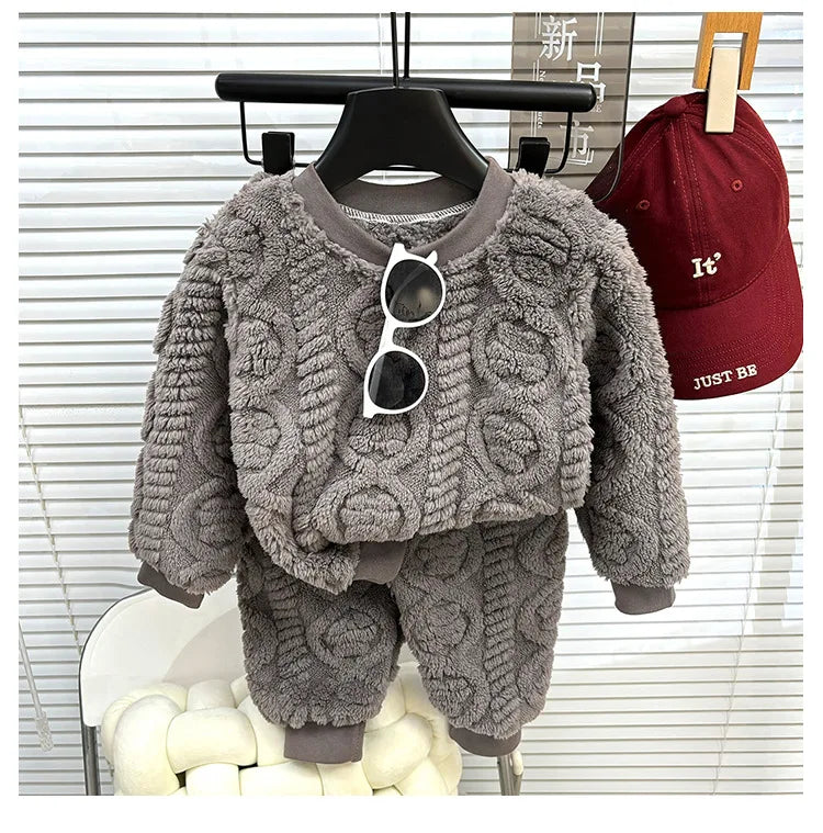 1Set Kids Warm Clothing Sets Winter Flannel Homewear Sets Children's Thermal Pajamas Boys Girls Thick Coral Velvet Two-piece Set