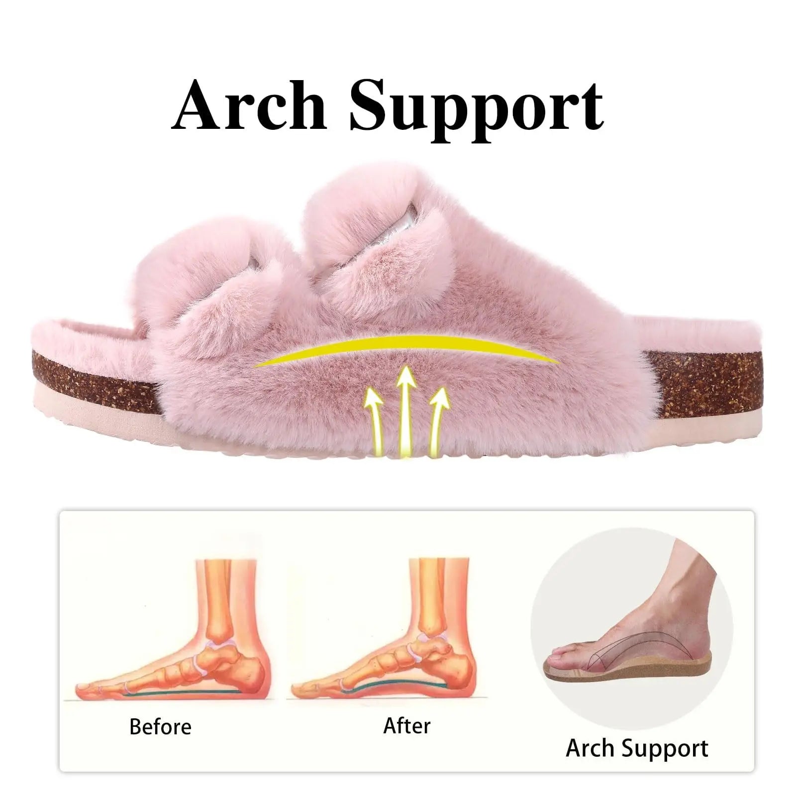 Litfun Winter Women's Fluffy Cork Slippers Comfy Arch Support Fuzzy Slippers Open Toe Plush House Slides With Adjustable Buckle
