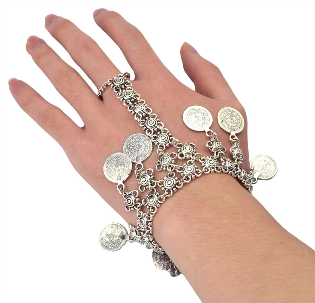 Vintage silver coin bracelet for women, featuring a boho beach, Turkish, ethnic, tribal, elegant design; vintage Tibetan bangles; Indian jewelry.