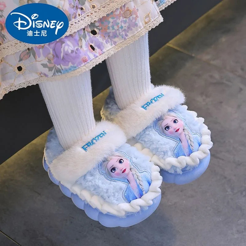 Disney Princess Elsa Winter Children's Cotton Home Slippers Frozen Girl's Snow Non Slip Warm Baby Slippers Pink Blue Size 24-36
