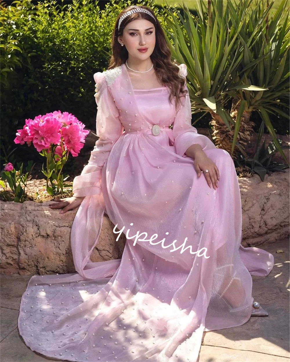 Customized  Evening Organza Pearl Beading Prom A-line Square Neck Bespoke Occasion Gown Long Dresses  Sexy Casual