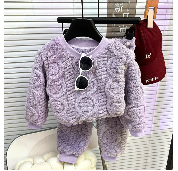 1Set Kids Warm Clothing Sets Winter Flannel Homewear Sets Children's Thermal Pajamas Boys Girls Thick Coral Velvet Two-piece Set