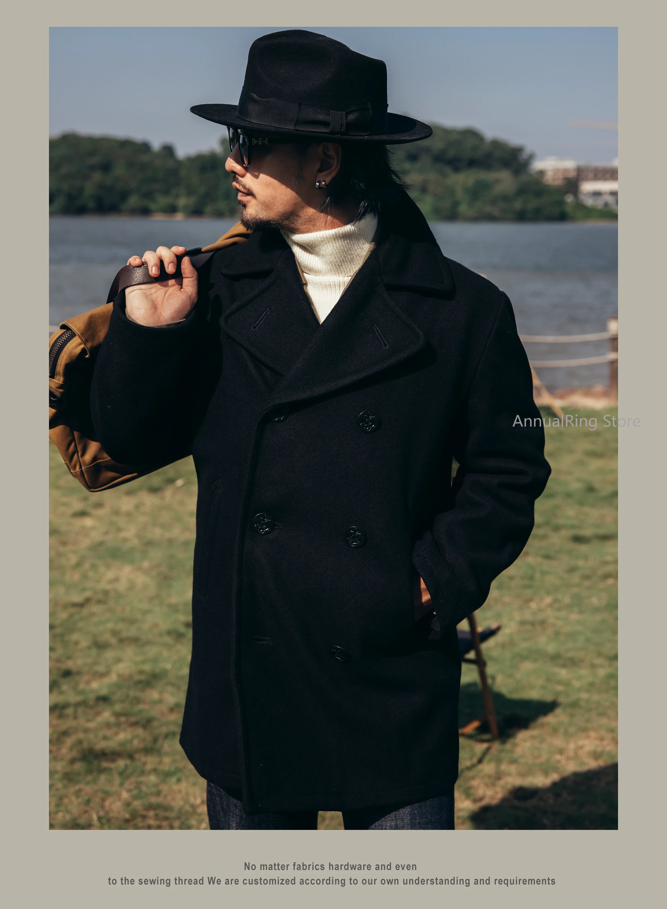 Red Tornado 740 Peacoat in Black Vintage Double-Breasted Mid-Length Wool Blend Overcoat for Men Warm Winter Jacket