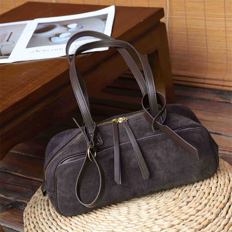 Toptrends Suede Cow Genuine Leather Underarm Shoulder Bags For Women New 2025 Luxury Designer Bowling Totes Work Ladies Handbags