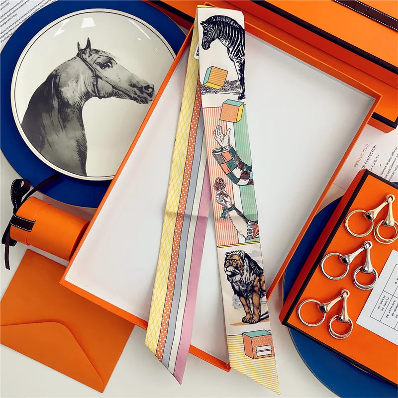 100% Silk High Quality Luxury Brand Scarf Women Headband Hair Band Foulard Tie Ribbon Neckerchief Skinny Scarves Accessories