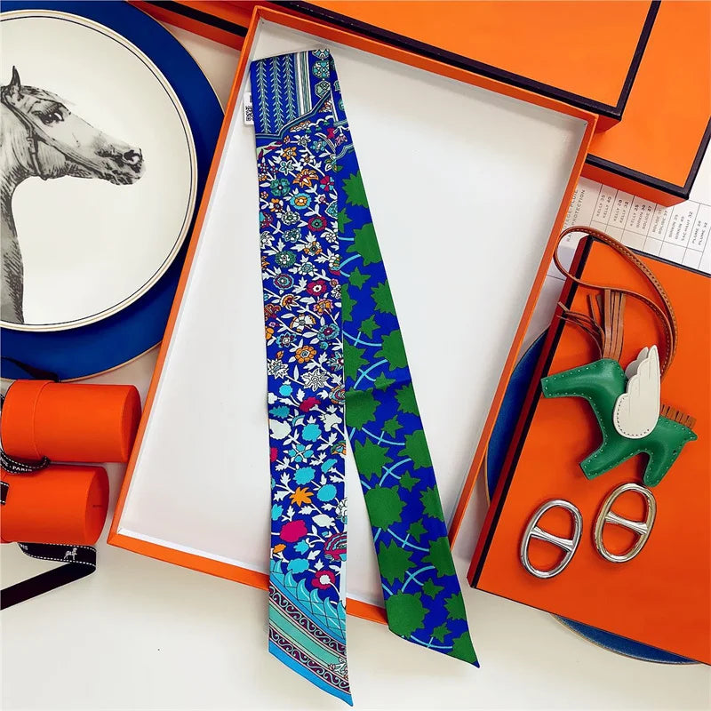 100% Silk High Quality Luxury Brand Scarf Women Headband Hair Band Foulard Tie Ribbon Neckerchief Skinny Scarves Accessories