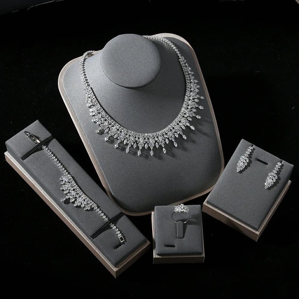 4pcs Bridal Jewelry Sets For Wedding Zirconia CZ Saudi Dubai Indian Necklace Earring Bracelet Set For Women Party Prom Jewelley