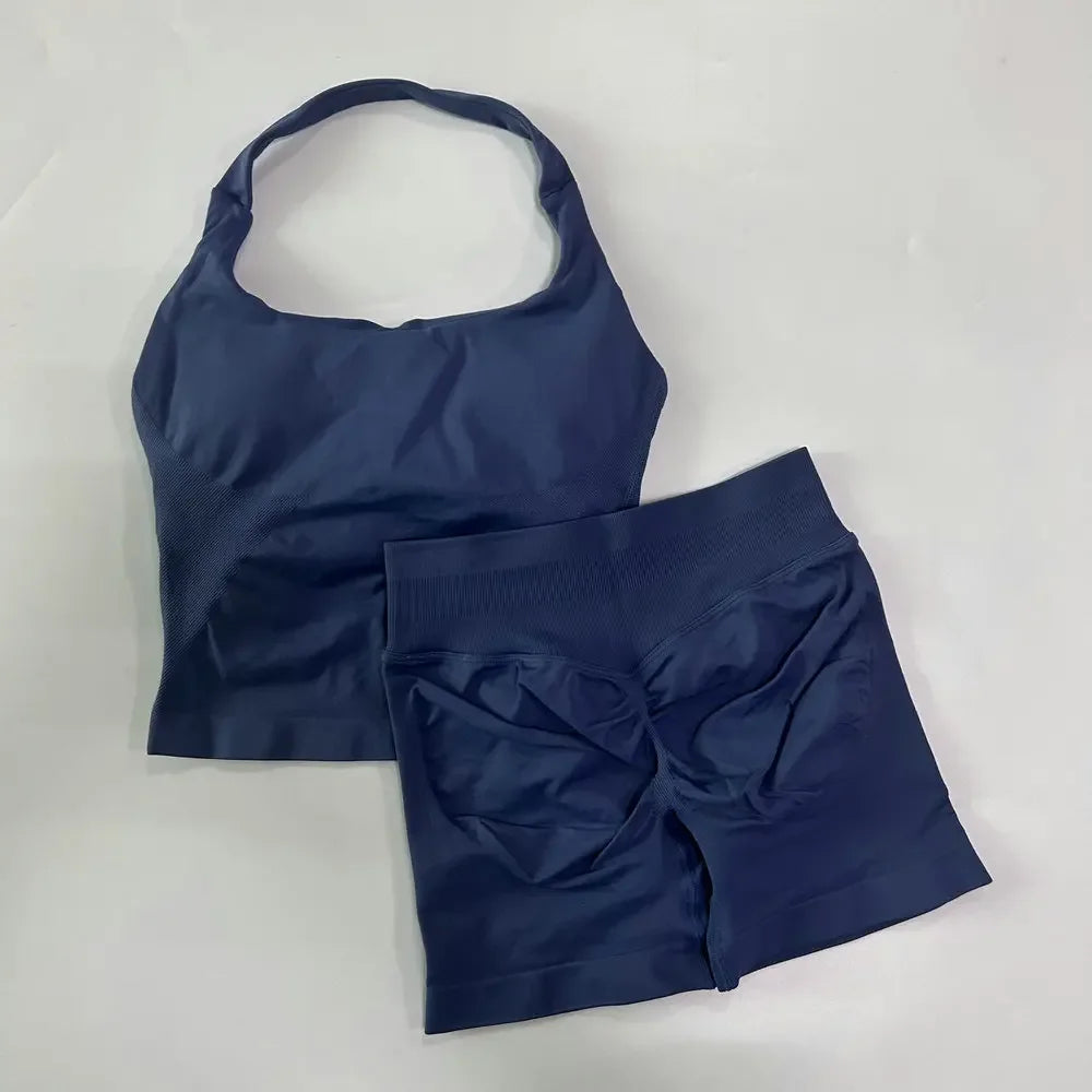 2 Pieces Sports Set Women Backless Halter Tops High Waist Seamless Hight Stretch Shorts Gym Suit Sportswear Workout Sets