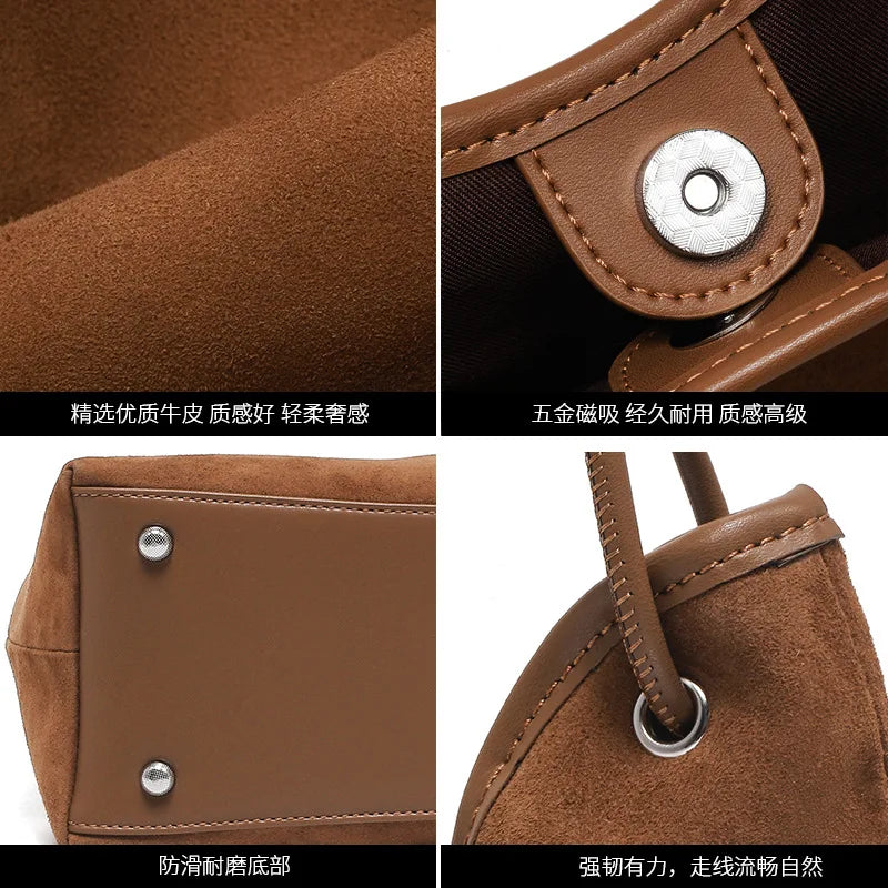Women's Premium Suede Leather Shoulder Bag New Autumn/Winter Retro Crossbody Tote, Large Capacity Commuter Handbag for Office