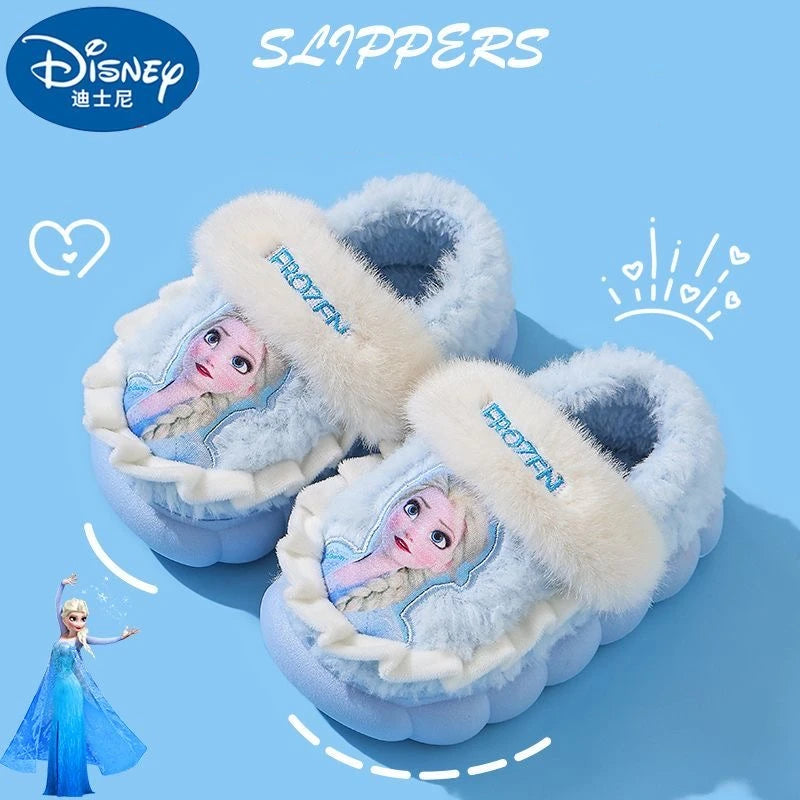 Disney Princess Elsa Winter Children's Cotton Home Slippers Frozen Girl's Snow Non Slip Warm Baby Slippers Pink Blue Size 24-36
