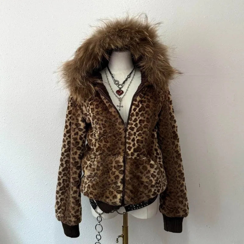 Winter New Fashion Leopard Print Plus Velvet Padded Cotton-padded Jacket Coat Women Y2K Street Vintage Hiphop Popular Casual Top
