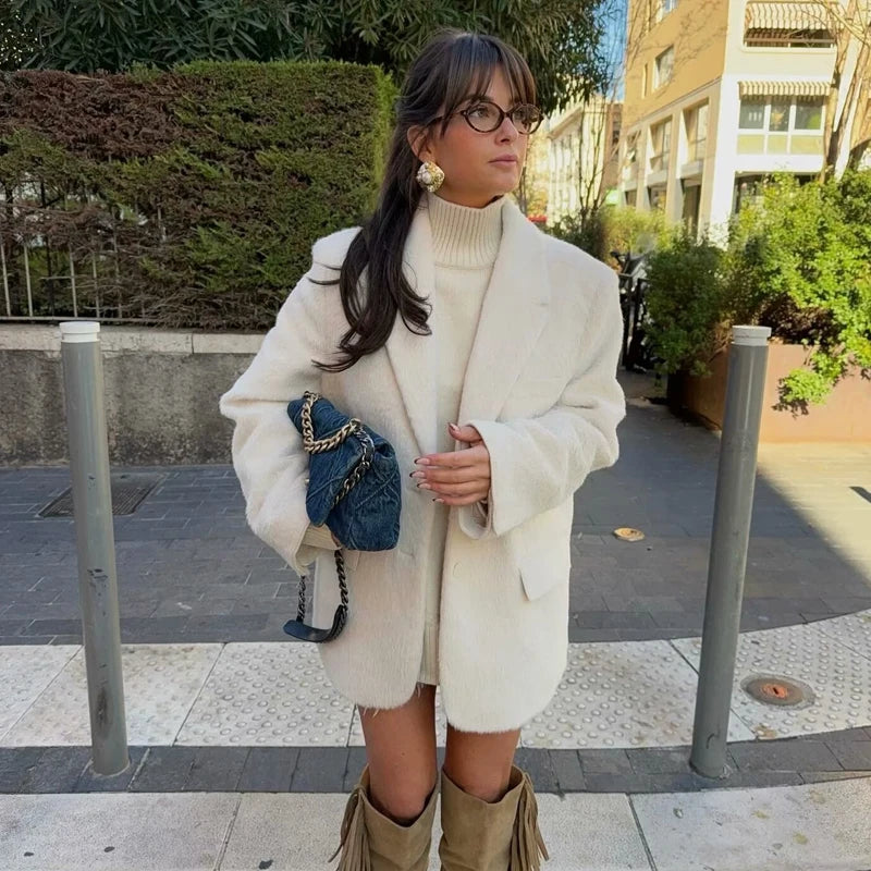 MUJER 2025 Faux Fur Women's Blazers Fashion Outerwears Straight Long Blazer Woman Long Sleeve New Coats and Jackets for Women