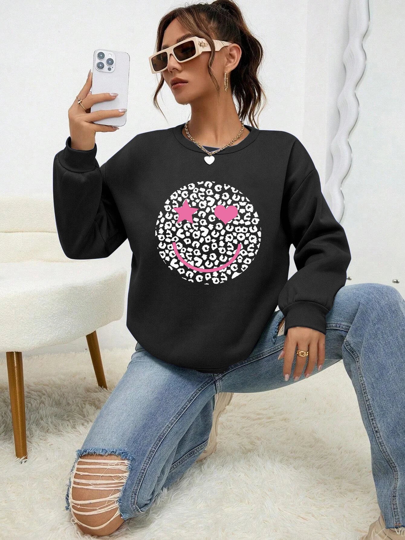 Leopard Print Happy Face Love  Printed Sweatshirt Womens Autumn Soft Hoody Fleece Warm Hoodies Street All-Match Female Pullover