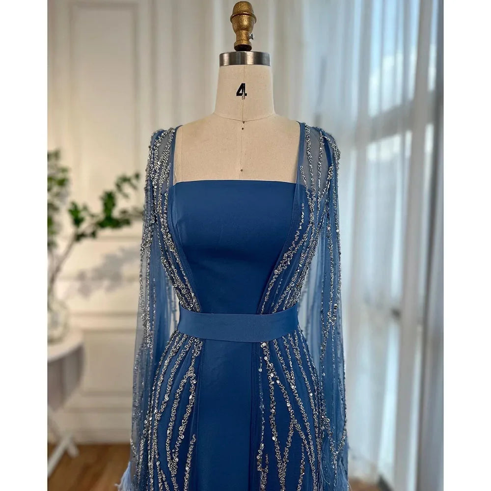 Serene Hill Blue Mermaid Elegant Feathers Cape Sleeves Square Beaded Luxury Evening Dresses Gowns Customized 2025 GLA71748