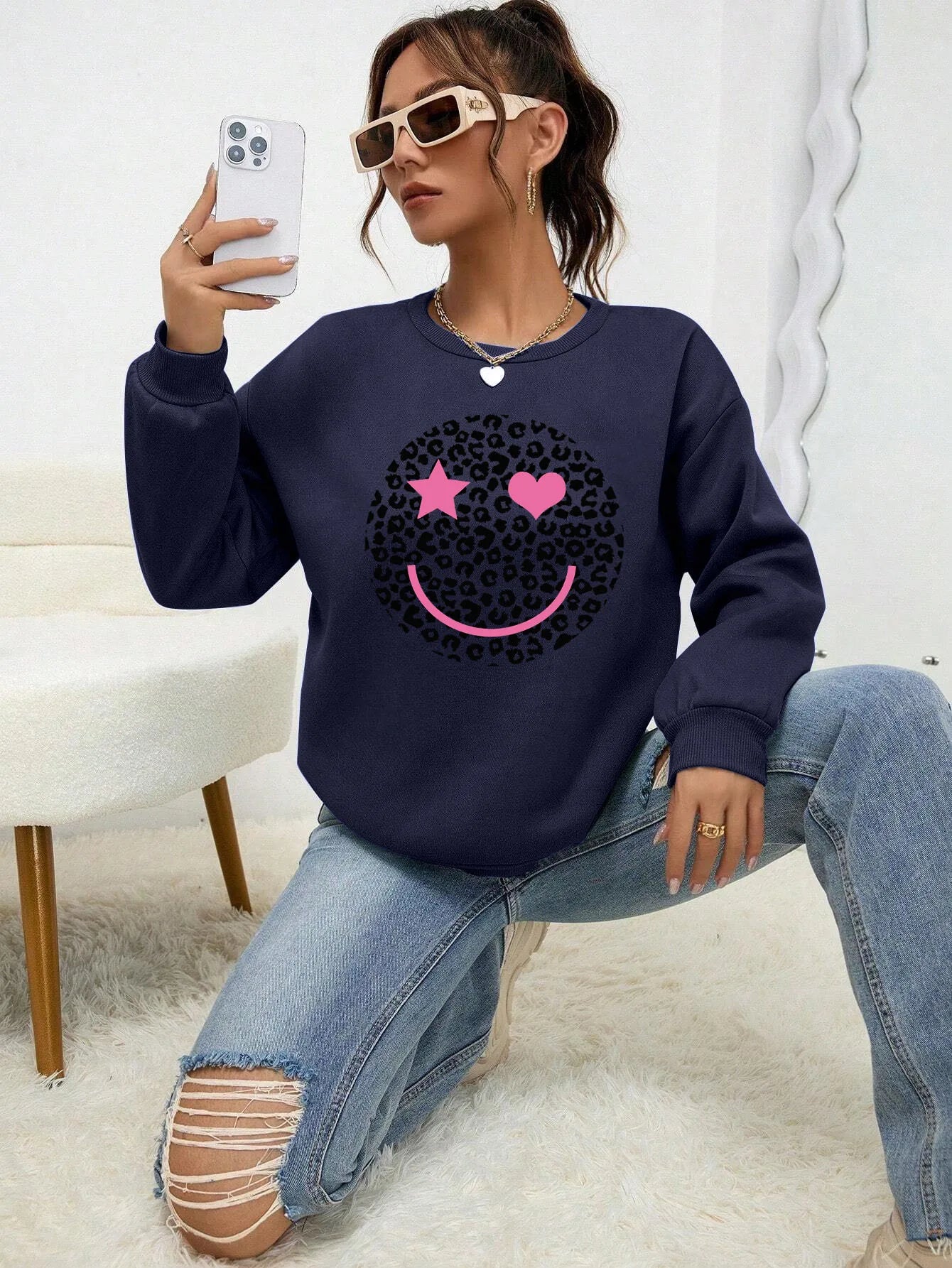Leopard Print Happy Face Love  Printed Sweatshirt Womens Autumn Soft Hoody Fleece Warm Hoodies Street All-Match Female Pullover
