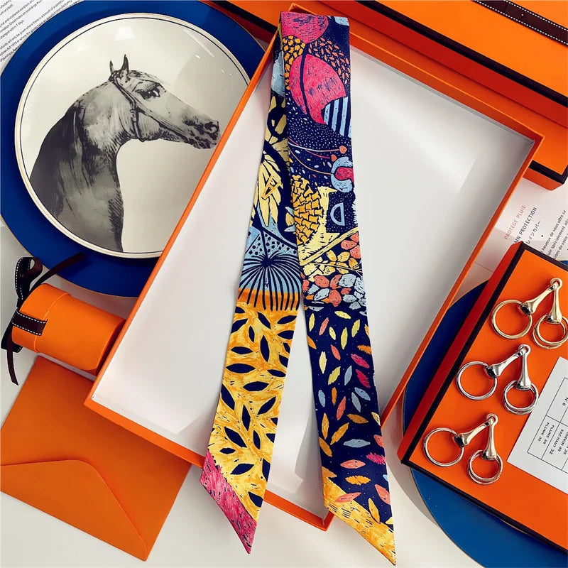 100% Silk High Quality Luxury Brand Scarf Women Headband Hair Band Foulard Tie Ribbon Neckerchief Skinny Scarves Accessories