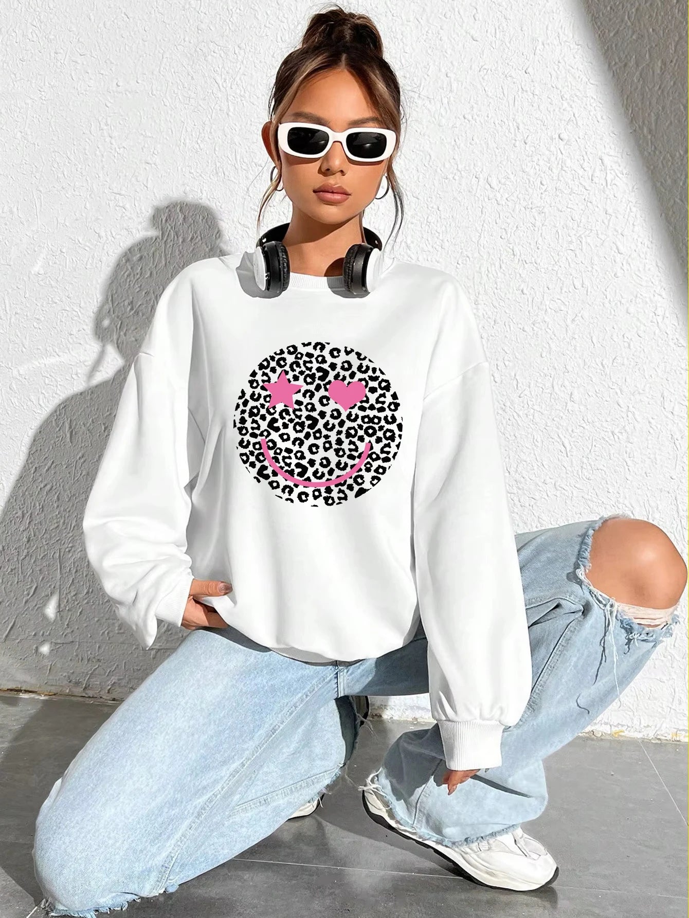 Leopard Print Happy Face Love  Printed Sweatshirt Womens Autumn Soft Hoody Fleece Warm Hoodies Street All-Match Female Pullover
