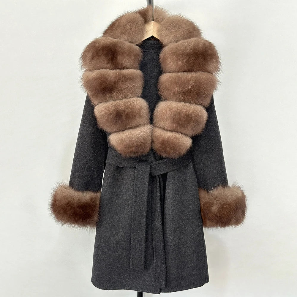 Elegant Woolen Jacket Autumn Winter Wool Coat Women Real Fox Fur Collar Single Breasted Wool Blends Jacket Natural Raccoon Fur