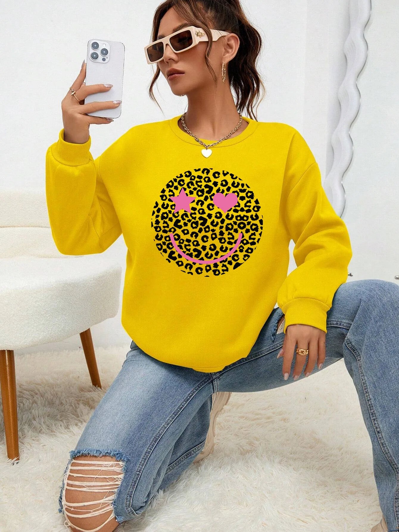 Leopard Print Happy Face Love  Printed Sweatshirt Womens Autumn Soft Hoody Fleece Warm Hoodies Street All-Match Female Pullover
