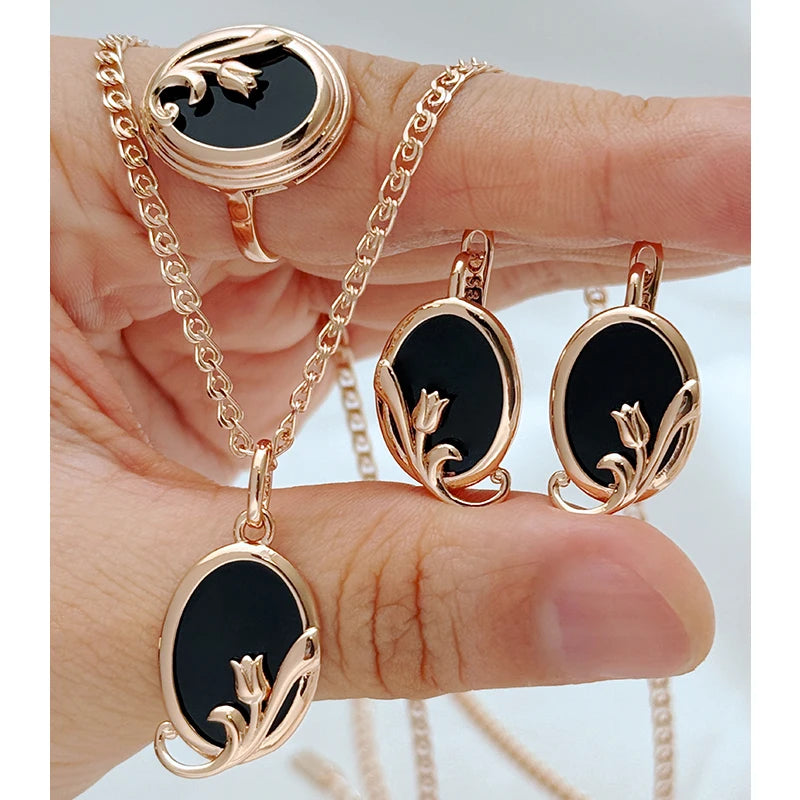 Kinel Hot Big Oval Black Stone Ethnic Bridal Jewelry Sets Fashion 585 Rose Gold Color Ring Earrings Necklace Daily Fine Jewelry