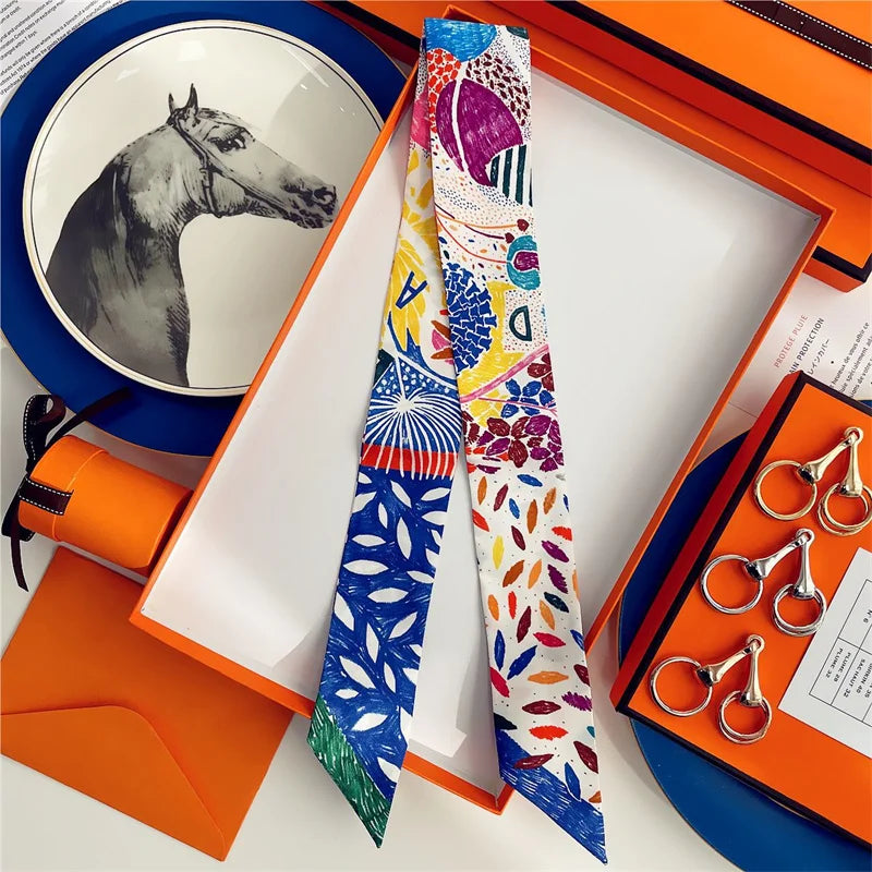 100% Silk High Quality Luxury Brand Scarf Women Headband Hair Band Foulard Tie Ribbon Neckerchief Skinny Scarves Accessories