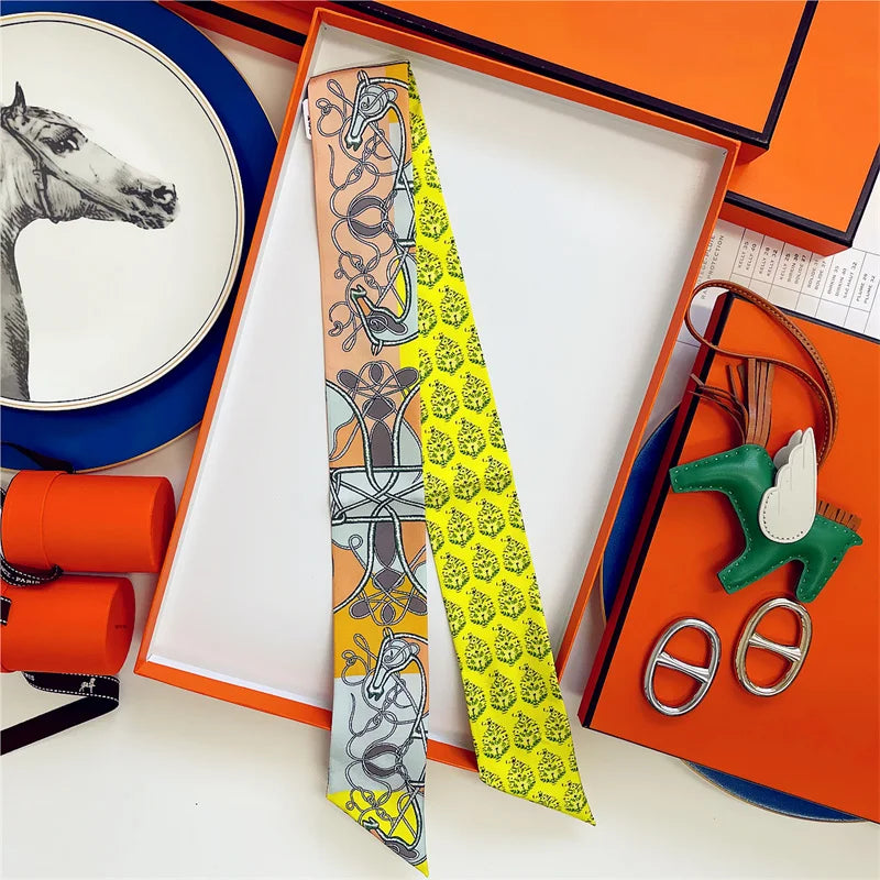 100% Silk High Quality Luxury Brand Scarf Women Headband Hair Band Foulard Tie Ribbon Neckerchief Skinny Scarves Accessories