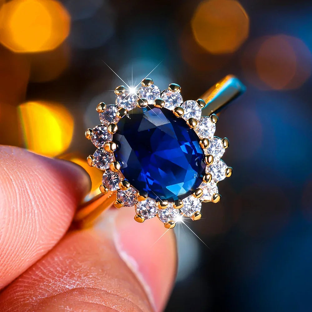 Mila Jewelry Ring, oval blue crystal with zircon stone, vintage yellow and gold