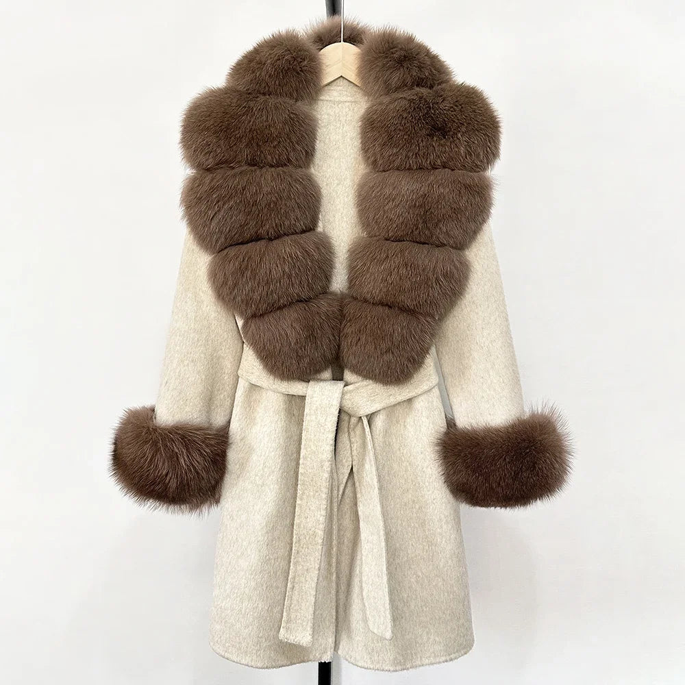 Elegant Woolen Jacket Autumn Winter Wool Coat Women Real Fox Fur Collar Single Breasted Wool Blends Jacket Natural Raccoon Fur