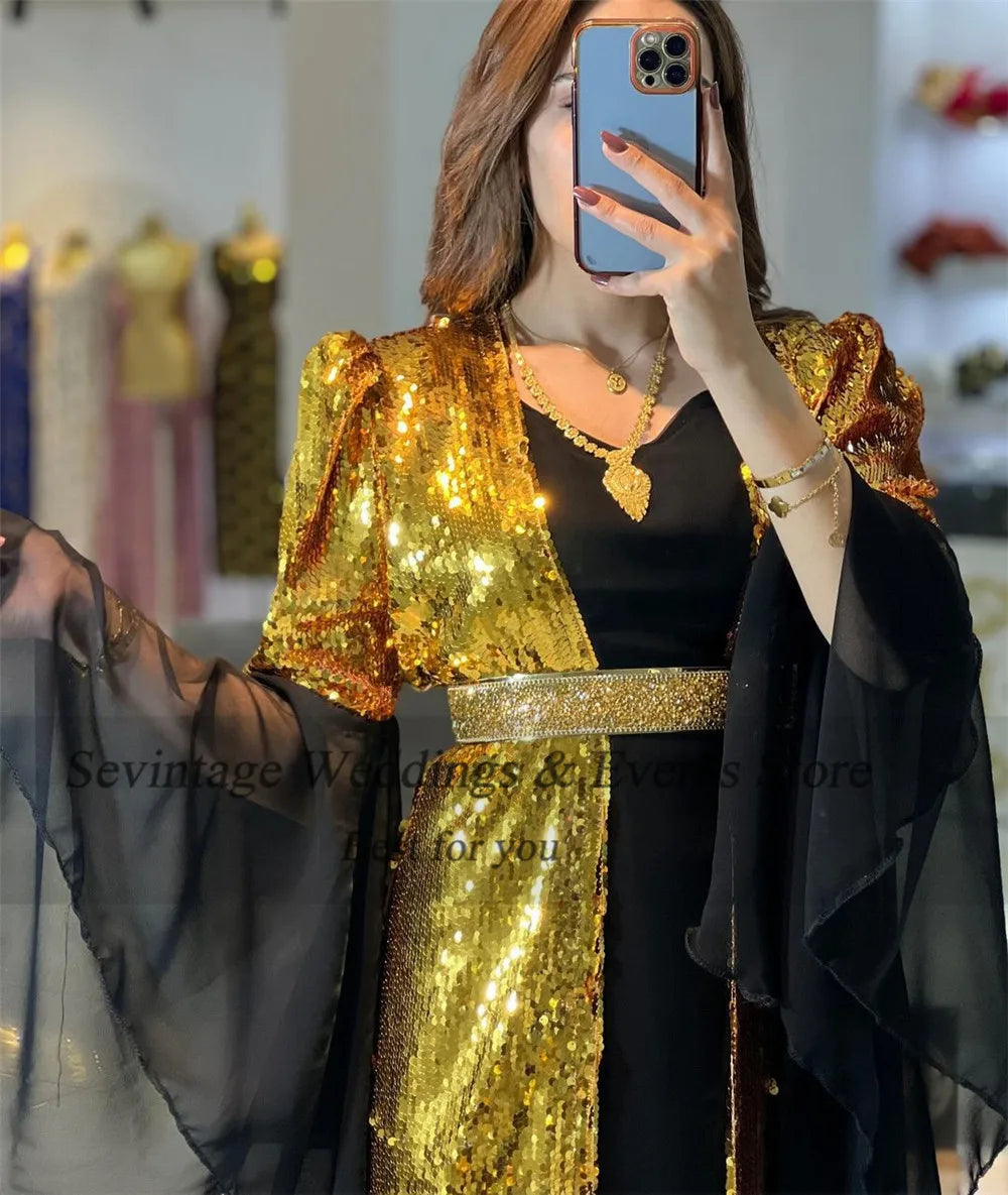Customized Luxury Black Gold Mermaid Evening Dress V-Neck Long Flare Sleeves Sequin Prom Gown Belt Floor Length Algerian Outfit