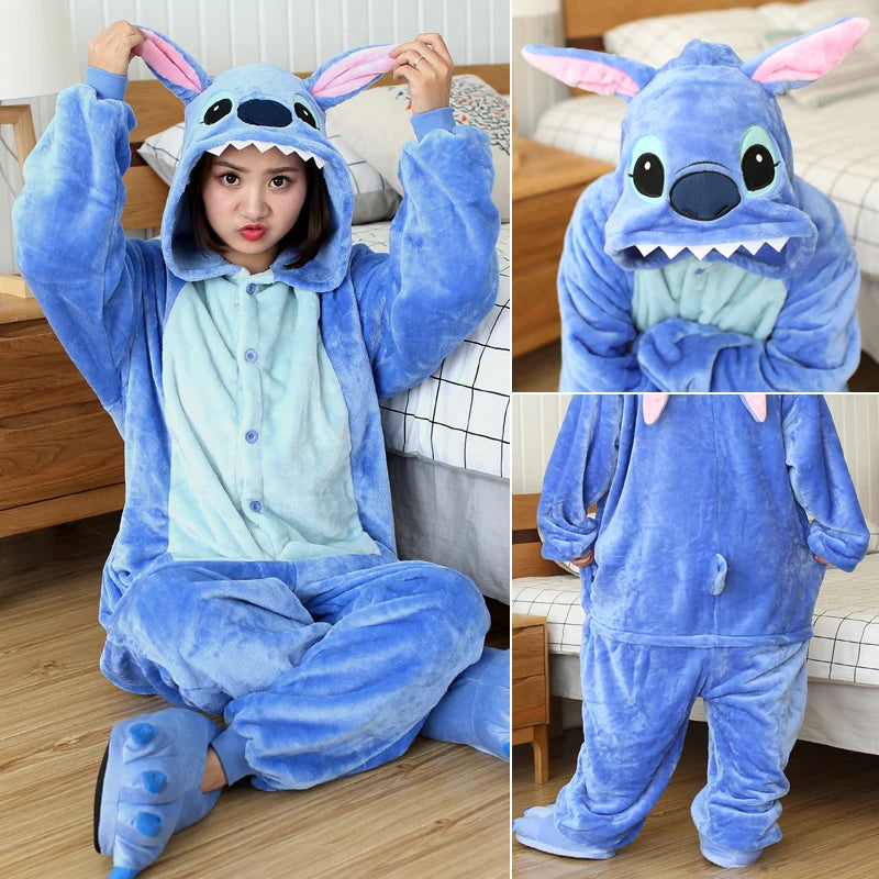 Adults Stitch Anime Cosplay Costumes Cartoon Onesies Jumpsuits Pyjamas Women Men Hooded Sleepwear For Christmas Halloween Party