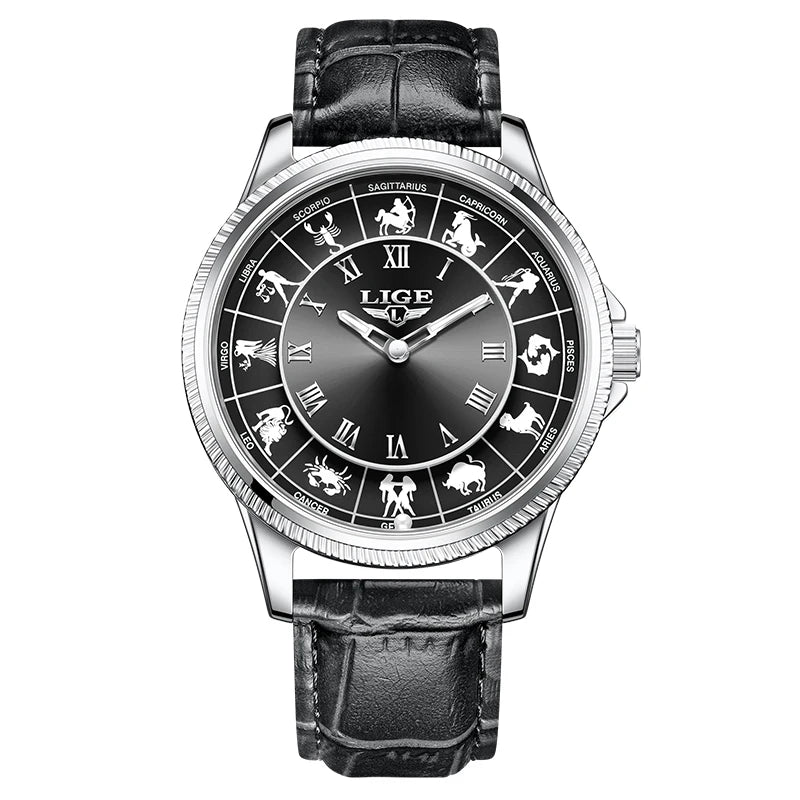 LIGE Creative Constellation Mens Watches Business Belt Man Wristwatches Luminous Waterproof Watch for Men 12 Constellations