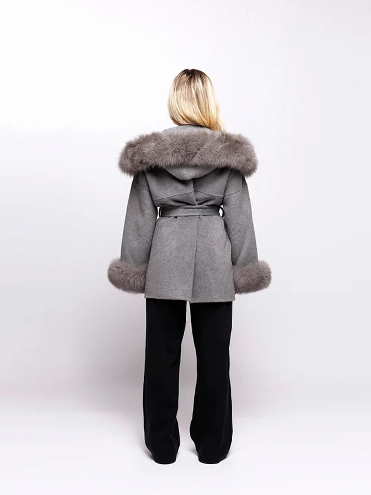 Fashion Hooded Women's Wollen Coat Fur Collar Lace Up Pocket Solid Warm Lady Coats 2025 Autumn Winter Elegant Female Streetwear