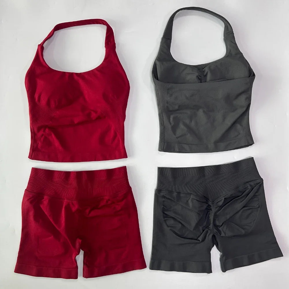 2 Pieces Sports Set Women Backless Halter Tops High Waist Seamless Hight Stretch Shorts Gym Suit Sportswear Workout Sets