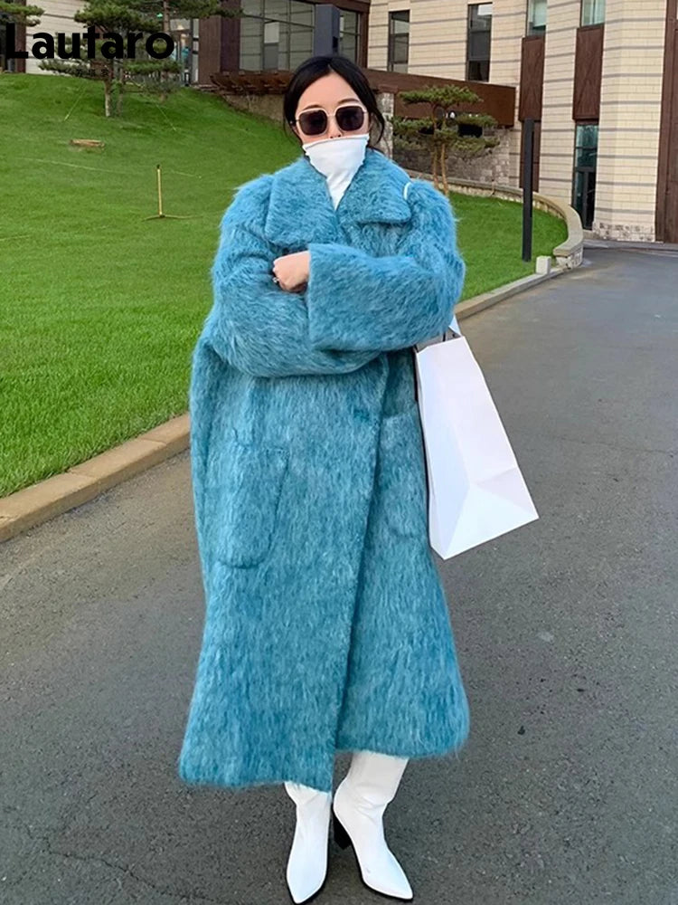 Lautaro Winter Long Blue Fluffy Oversized Warm Wool & blends Coat for Women Single Button Pockets Luxury Clothes Woolen Overcoat