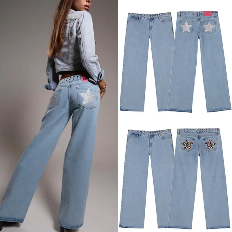 Y2K Vintage Jeans Flash Silver Star Pattern Metal Rivet Jeans Female Baggy Casual Straight Leg Denim Pants Simple Women Clothing