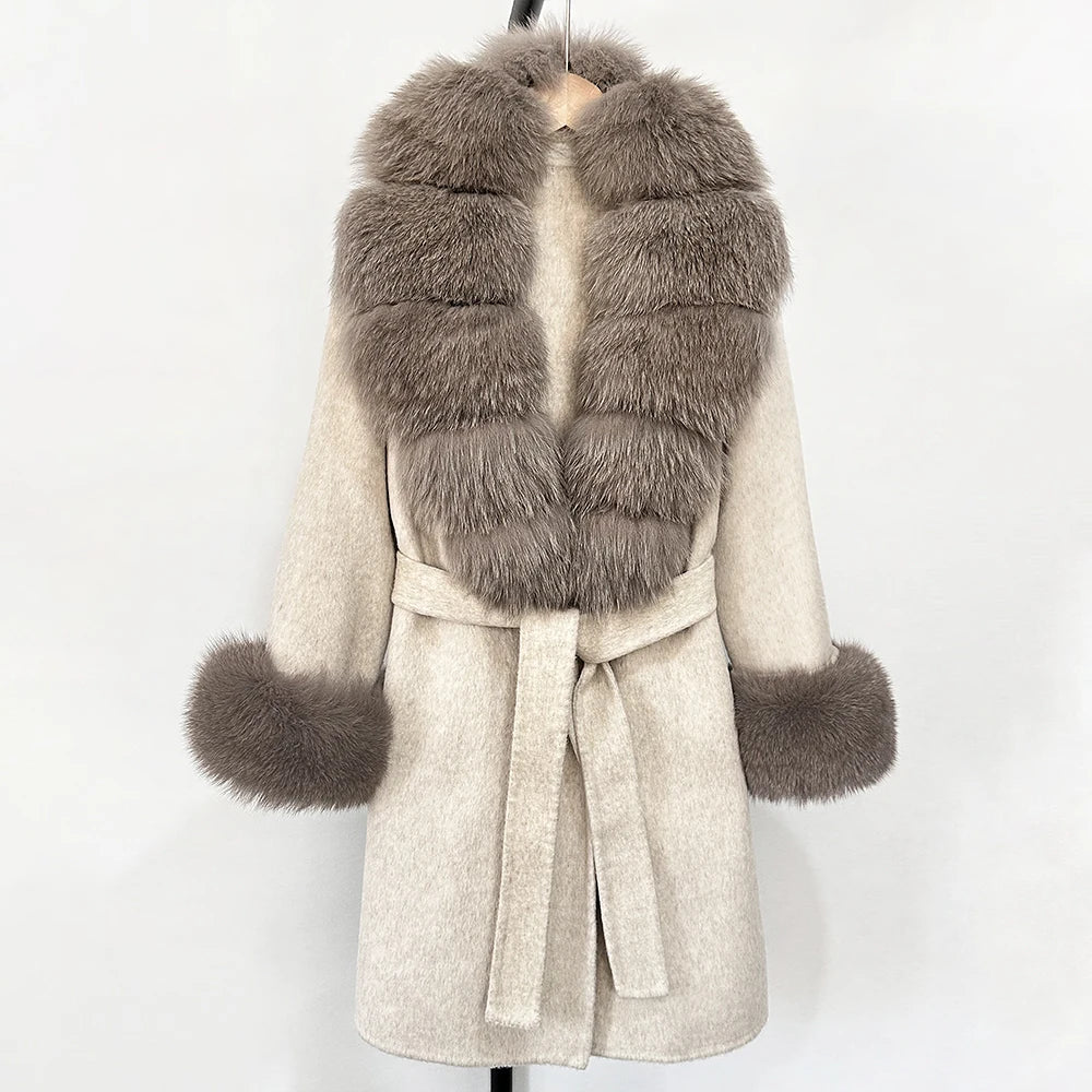 Elegant Woolen Jacket Autumn Winter Wool Coat Women Real Fox Fur Collar Single Breasted Wool Blends Jacket Natural Raccoon Fur