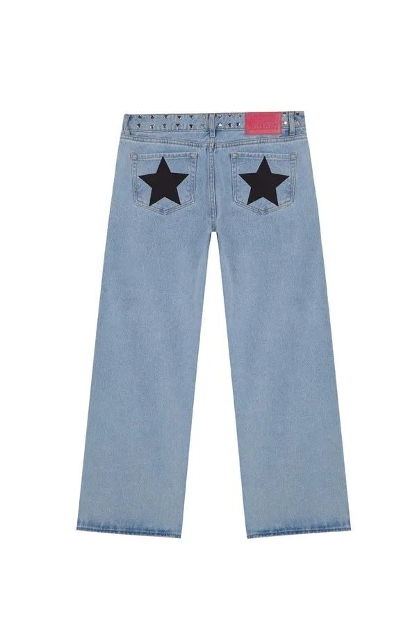 Y2K Vintage Jeans Flash Silver Star Pattern Metal Rivet Jeans Female Baggy Casual Straight Leg Denim Pants Simple Women Clothing