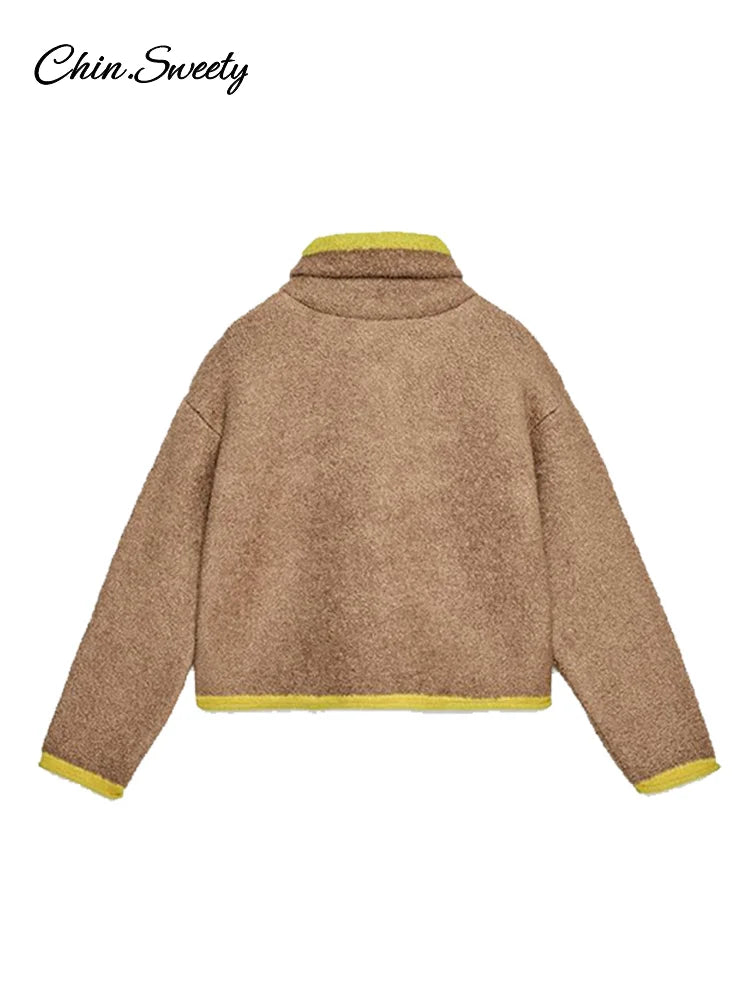 Fashion Contrast Stand Neck Jacket Women Zipper Pocket Full Sleeve Bomber Jackets Lady New Autumn Winter Casual Street Outwear