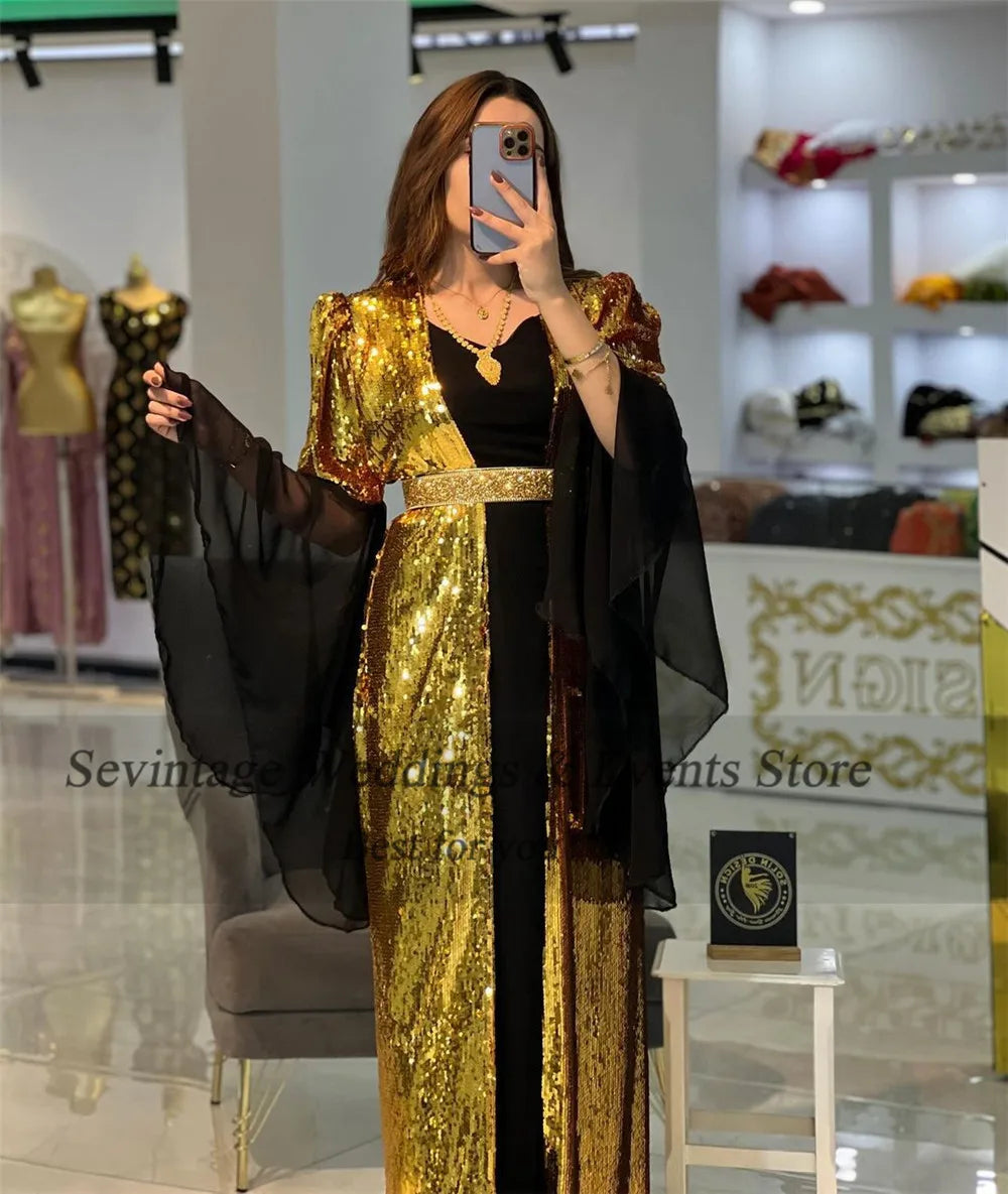 Customized Luxury Black Gold Mermaid Evening Dress V-Neck Long Flare Sleeves Sequin Prom Gown Belt Floor Length Algerian Outfit