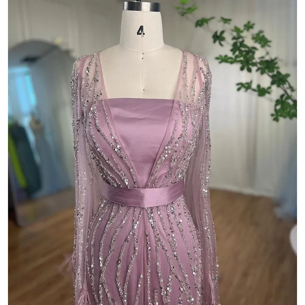 Serene Hill Blue Mermaid Elegant Feathers Cape Sleeves Square Beaded Luxury Evening Dresses Gowns Customized 2025 GLA71748