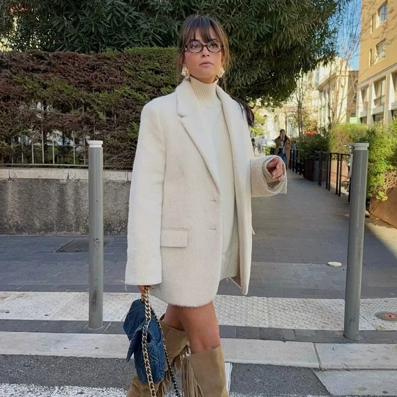 MUJER 2025 Faux Fur Women's Blazers Fashion Outerwears Straight Long Blazer Woman Long Sleeve New Coats and Jackets for Women