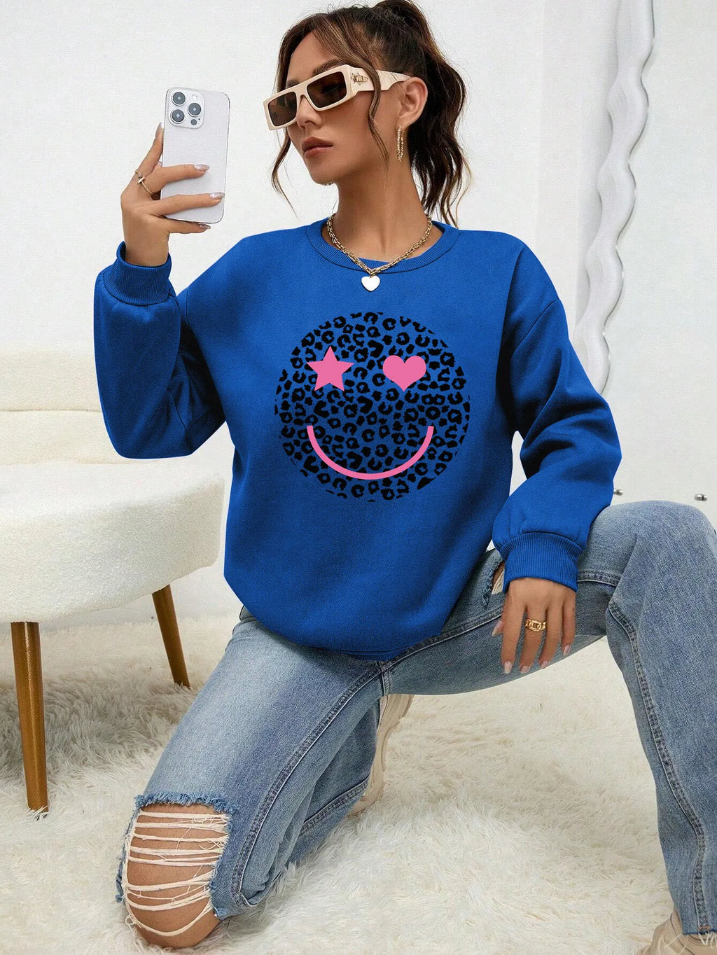 Leopard Print Happy Face Love  Printed Sweatshirt Womens Autumn Soft Hoody Fleece Warm Hoodies Street All-Match Female Pullover