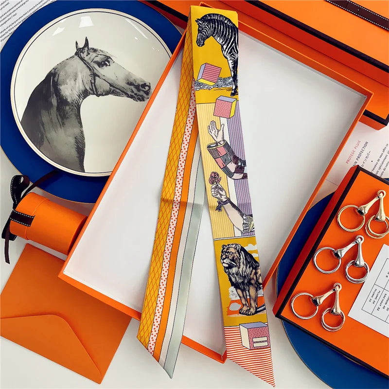 100% Silk High Quality Luxury Brand Scarf Women Headband Hair Band Foulard Tie Ribbon Neckerchief Skinny Scarves Accessories