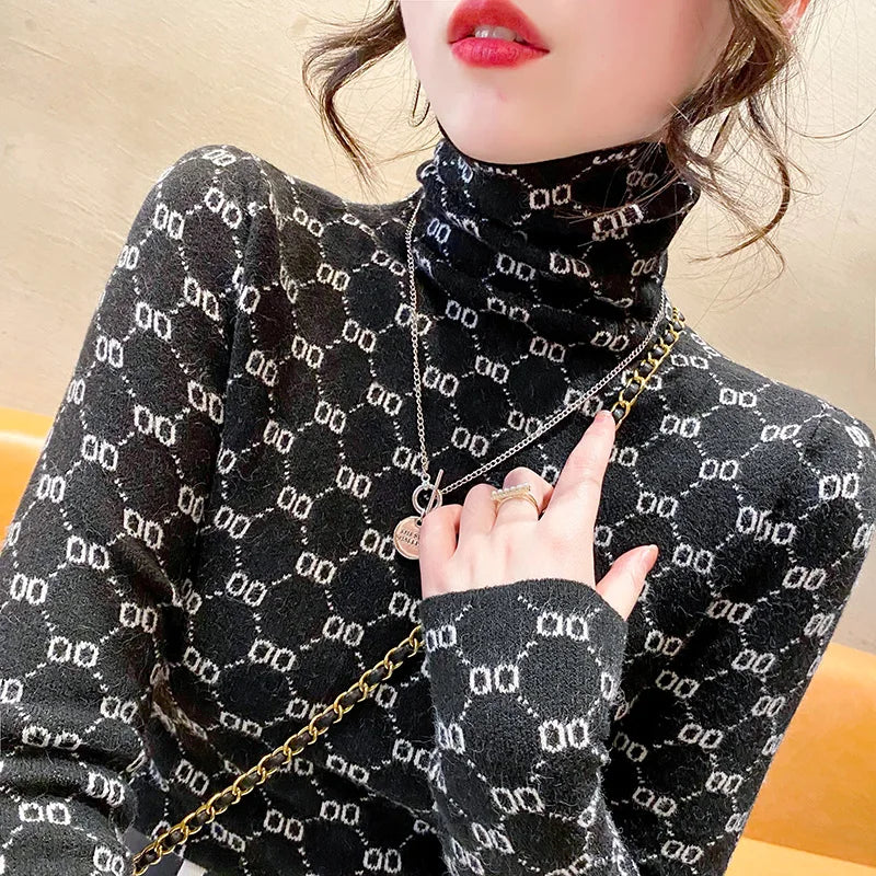 Autumn Winter New Vintage All-match Long Sleeve Half High Collar Sweaters Women Clothing Fashion Slim Geometric Knitted Pullover
