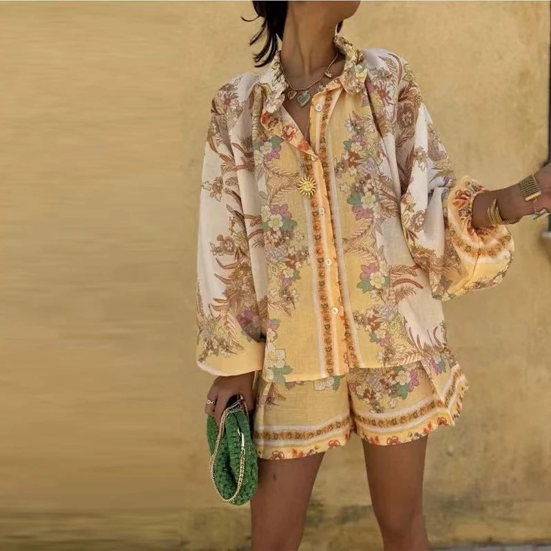 Casual Print Tops Shorts Sets Women's Loose Stand Collar Lantern Sleeve Top High Waist Short Pant 2025 Summer Lady Vacation Suit