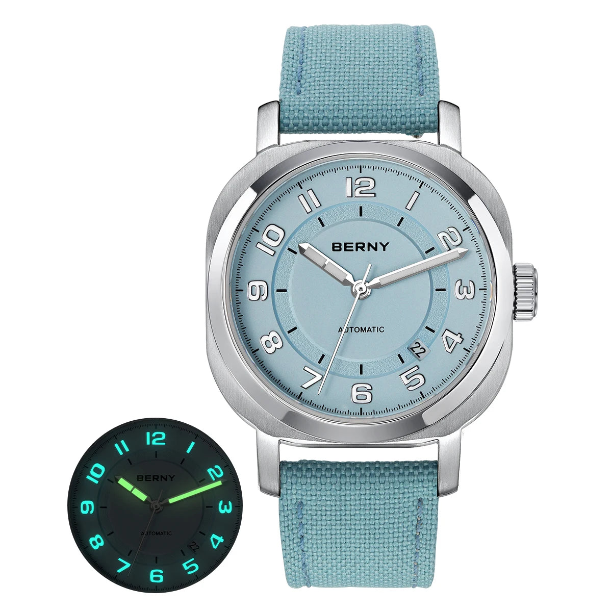 BERNY Mechanical Watch for Women Self-wind Pillow Cushion Sapphire Super Luminous Wristwatch Canvas Calendar Watch for Ladies