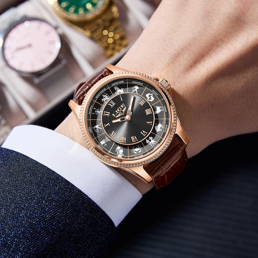 LIGE Creative Constellation Mens Watches Business Belt Man Wristwatches Luminous Waterproof Watch for Men 12 Constellations